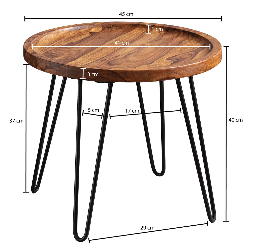 Table basse en bois massif Sheesham 45x40x45 cm, ronde, avec pieds en épingle à cheveux, en bois et métal_03