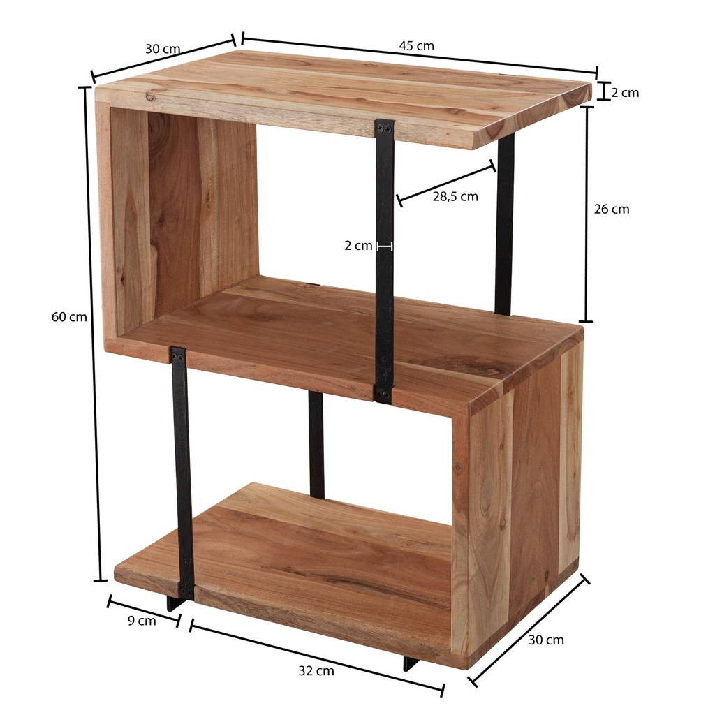 Table d'appoint en forme de S 45 x 60 x 30 cm en métal d'acacia, industriel, avec pieds en métal, bois_03