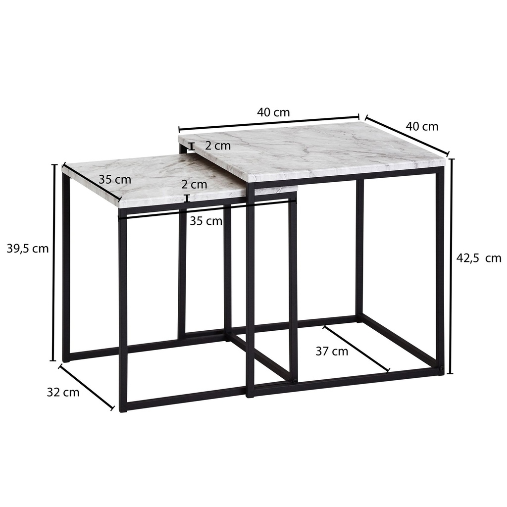 Design table d'appoint, lot de 2, aspect marbre blanc, structure de table noire_03