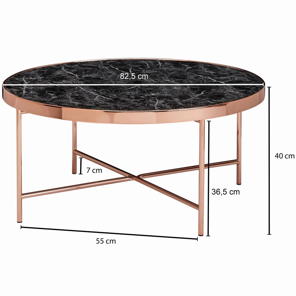 Design table basse aspect marbre noir - ronde Ø82,5 cm avec structure en métal cuivré_03