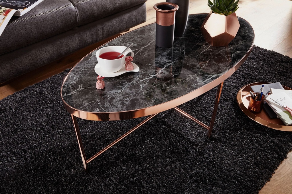 Design table basse aspect marbre noir - ovale 110 x 56 cm avec structure en métal cuivré_04