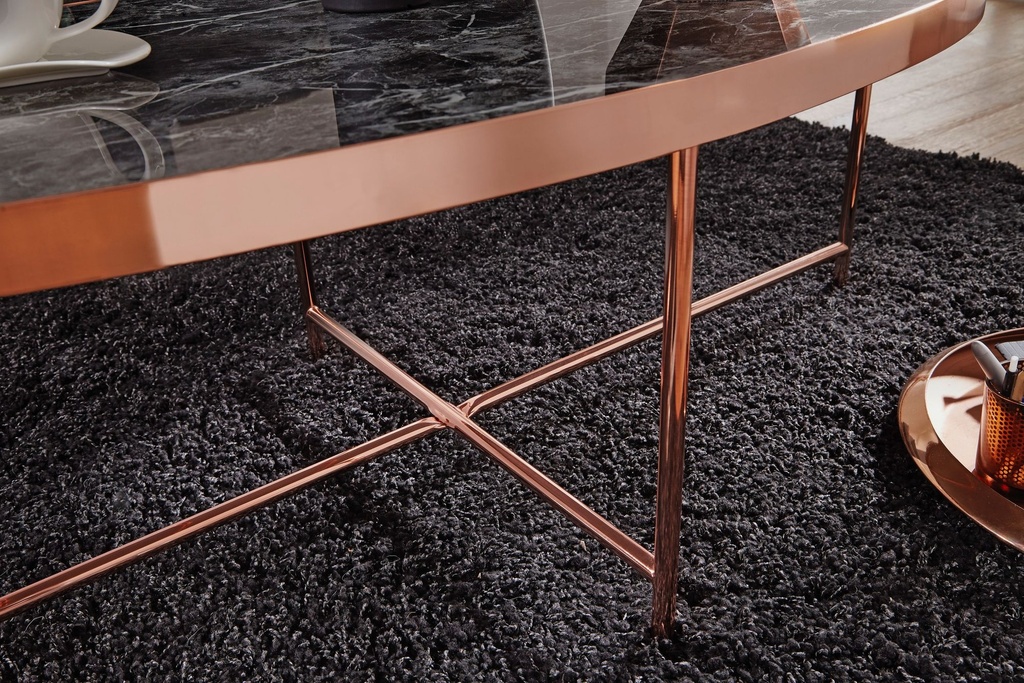 Design table basse aspect marbre noir - ovale 110 x 56 cm avec structure en métal cuivré_05