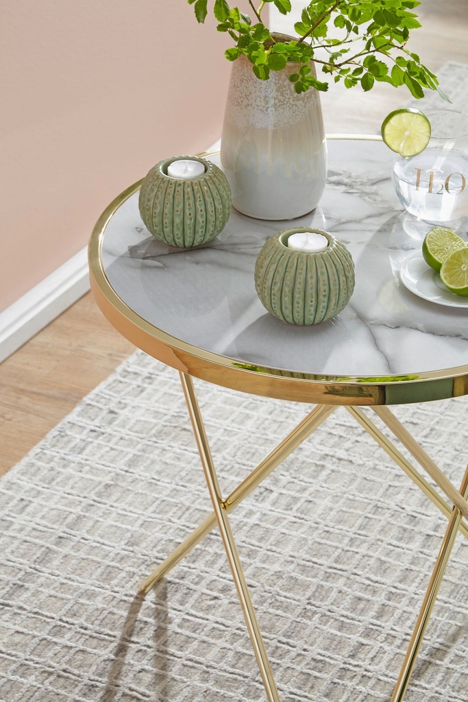 Design table d'appoint aspect marbre blanc rond Ø55 cm structure en métal doré_04