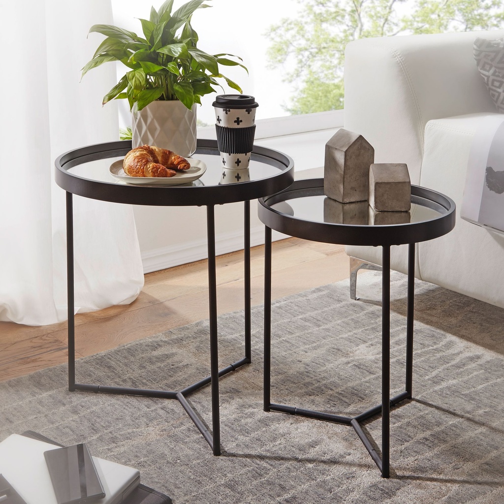 Design table d'appoint ronde Ø 50/36 cm - 2 parties noir avec plateau en verre miroir_01