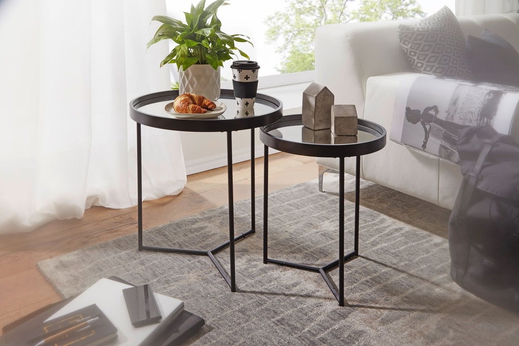 Design table d'appoint ronde Ø 50/36 cm - 2 parties noir avec plateau en verre miroir_02