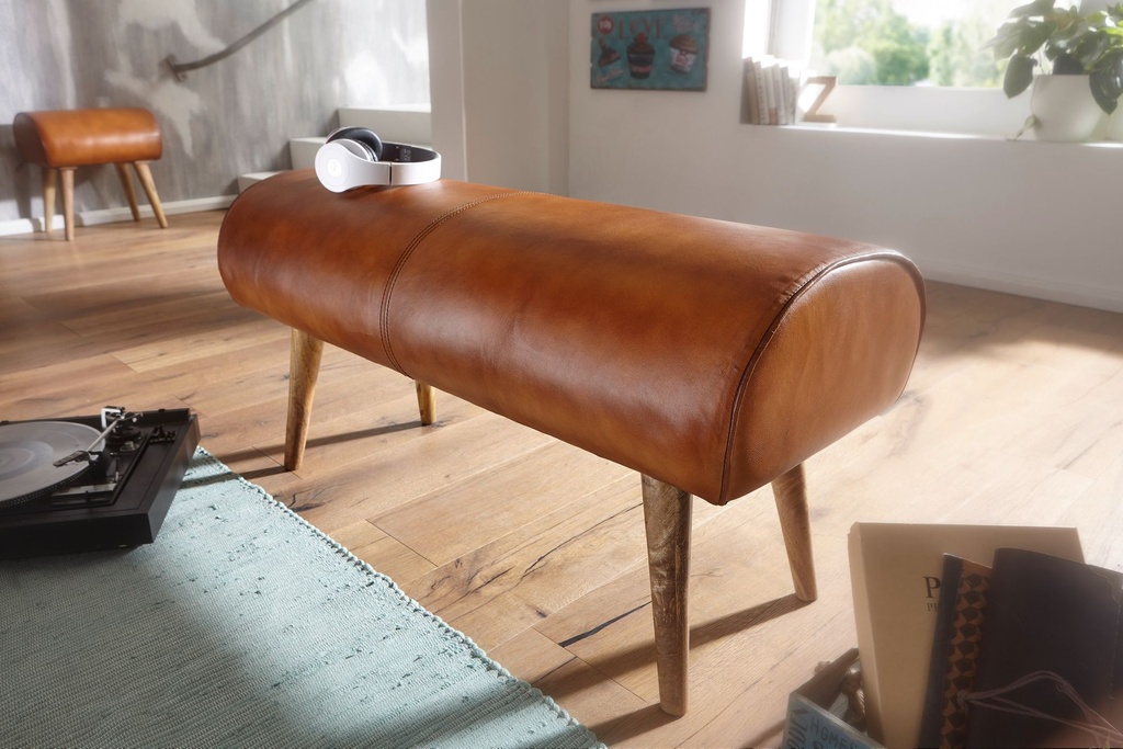 Banc en cuir véritable / banc en bois massif 100x53x40 cm, marron_04