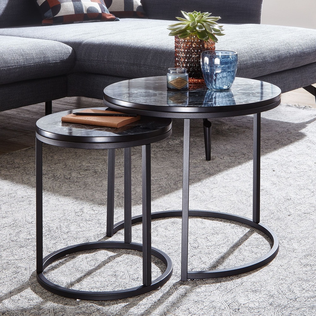 Design - Lot de 2 tables d'appoint rondes aspect marbre noir_01