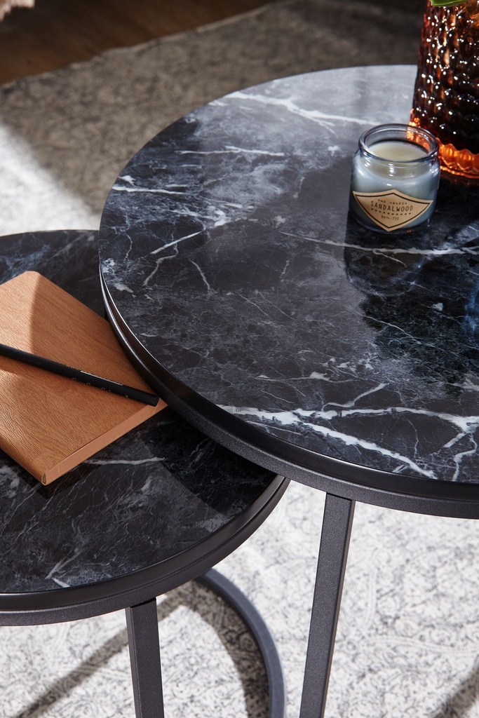 Design - Lot de 2 tables d'appoint rondes aspect marbre noir_04