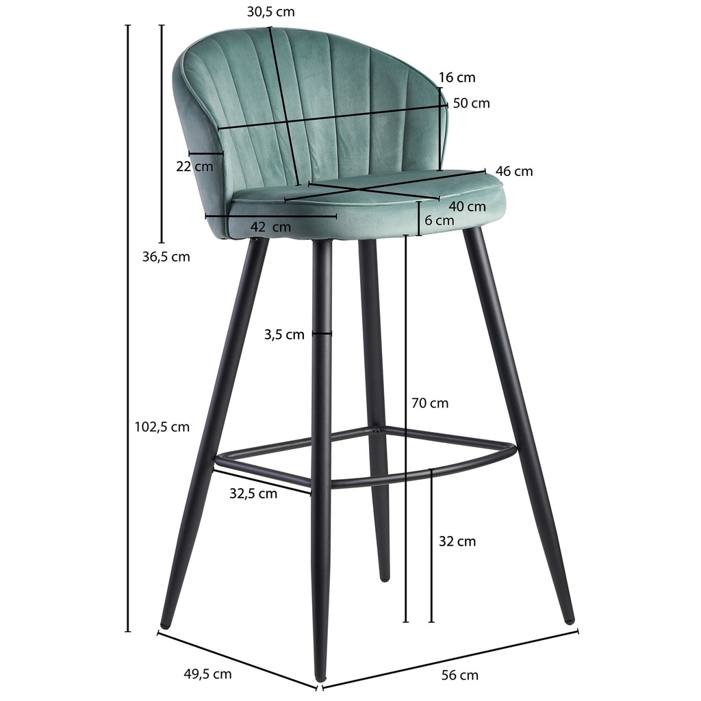 Tabouret de bar velours vert clair avec dossier 56 x 102,5 x 52,5 cm, tissu scandinave/métal 110 kg_02