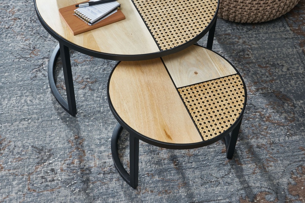 Design table de salon set de 2 manguier/rotin ronde, avec pieds en métal, bois/métal_01