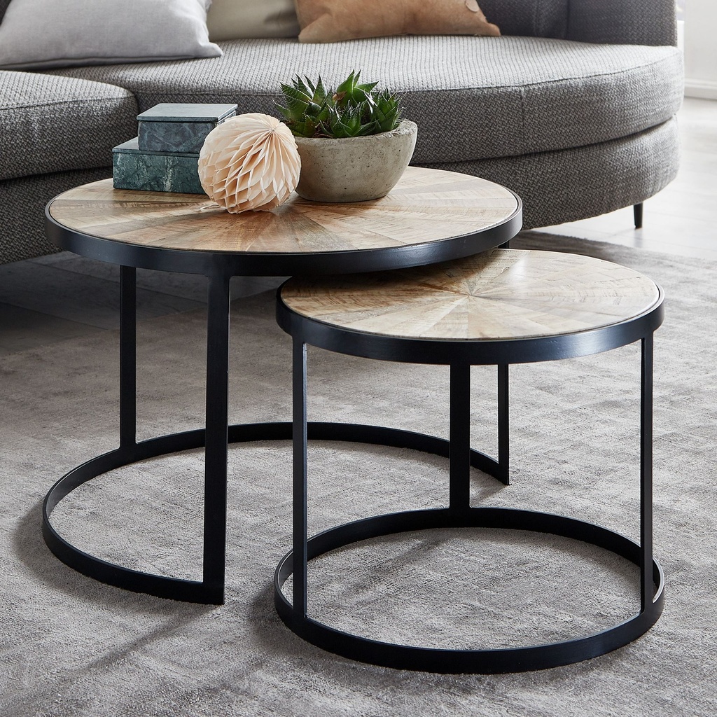 Design lot de 2 tables basses rondes en bois de manguier massif, avec pieds en métal marron_01