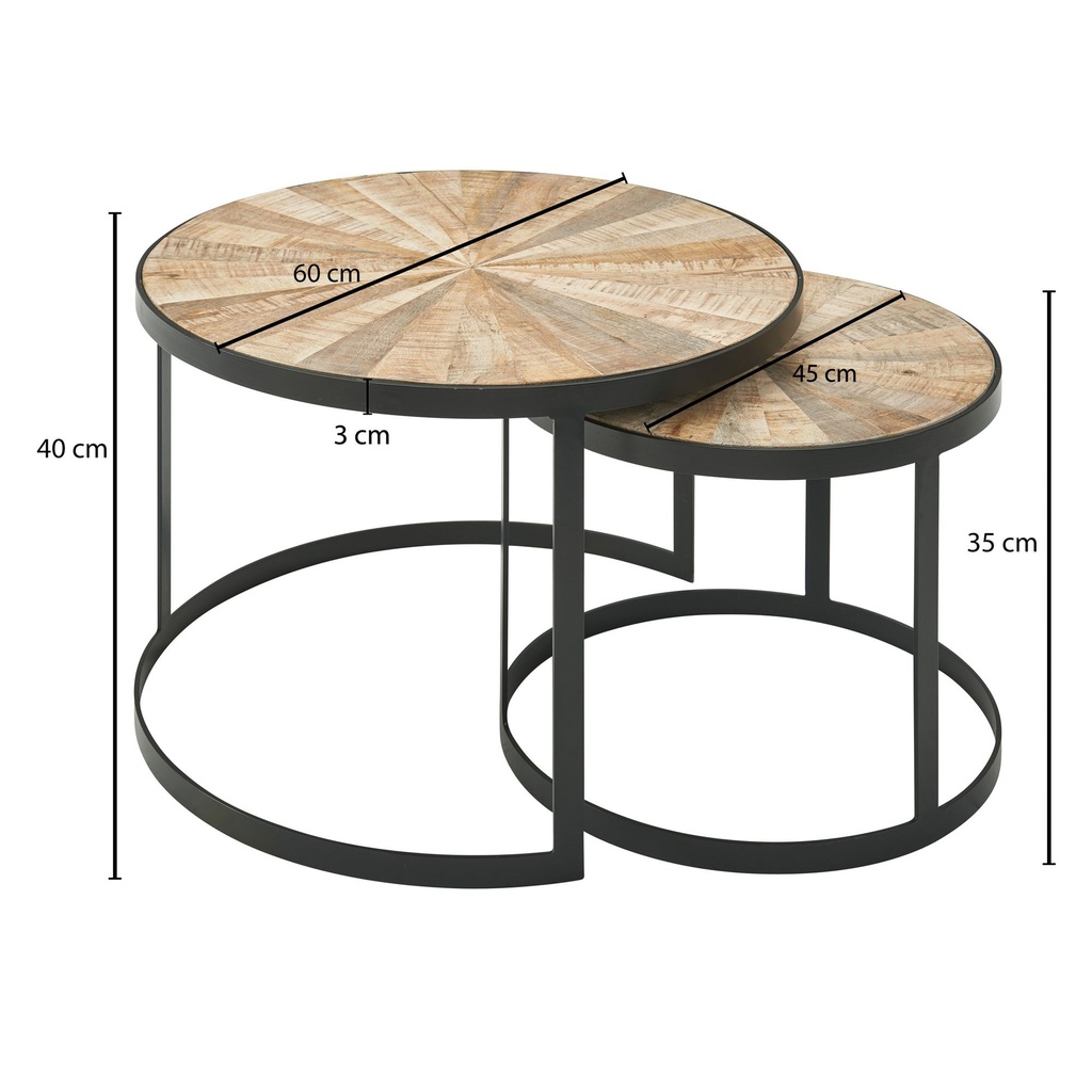Design lot de 2 tables basses rondes en bois de manguier massif, avec pieds en métal marron_03
