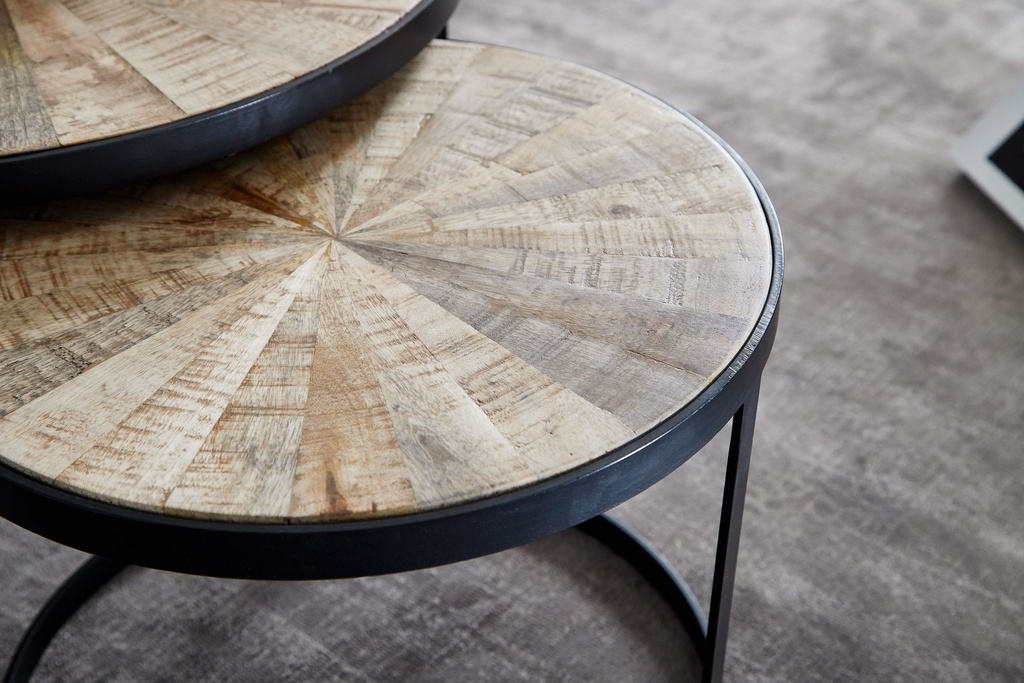 Design lot de 2 tables basses rondes en bois de manguier massif, avec pieds en métal marron_04