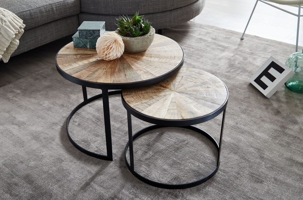 Design lot de 2 tables basses rondes en bois de manguier massif, avec pieds en métal marron_05