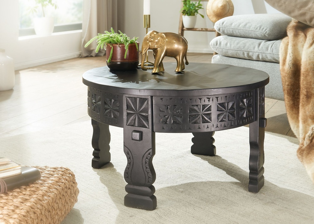 Design Table basse ronde en bois massif de manguier noir 60 x 36 x 60 cm_02