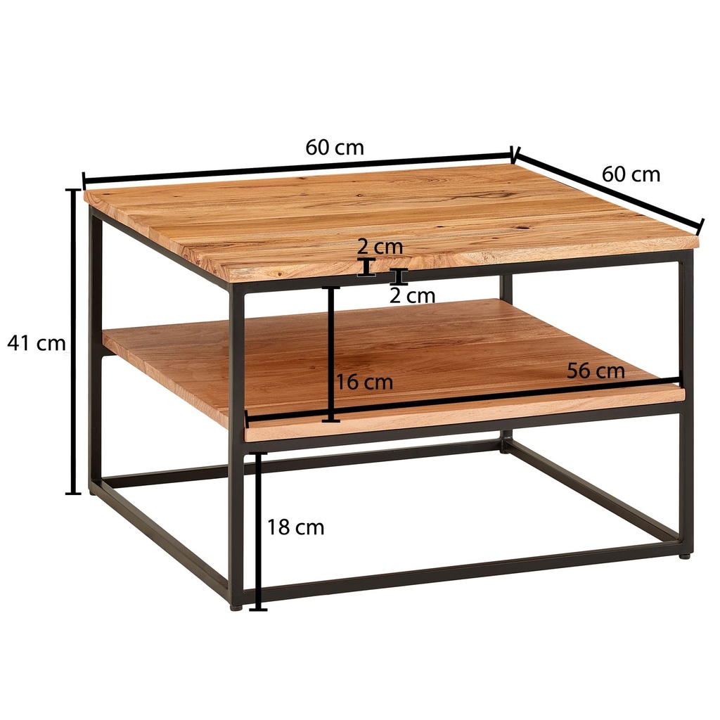 Table basse 60x60x41 cm table de canapé en bois massif métal table de salon acacia, table de chambre industrielle avec espace de rangement_03