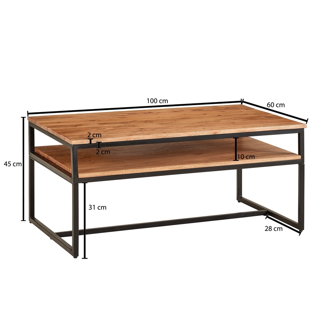 Table basse 100 x 60 x 45 cm en bois massif et métal, table de salon, table d'acacia, table de chambre industrielle avec espace de rangement_03