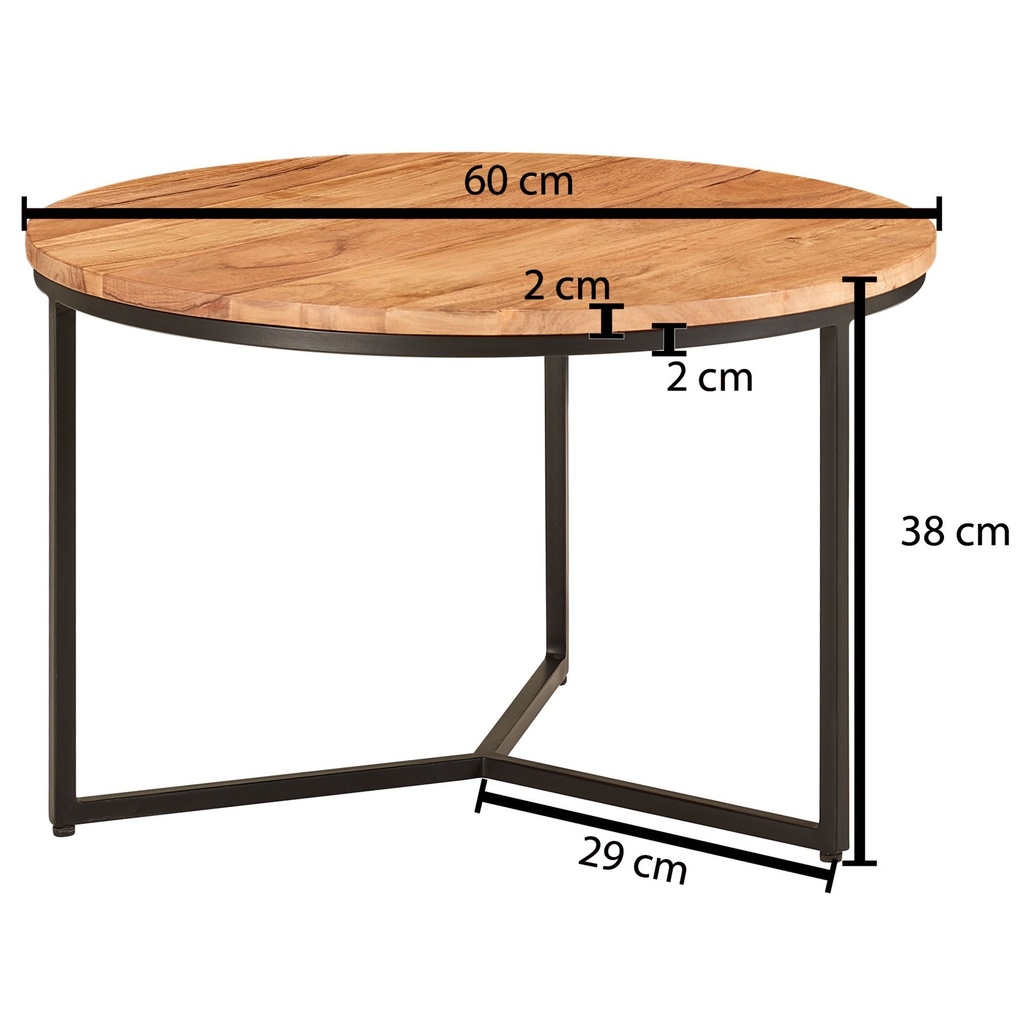 Table basse 60x60x38 cm bois d'acacia massif/métal table de canapé design ronde, table de salon table basse solide, petite table de salon_03