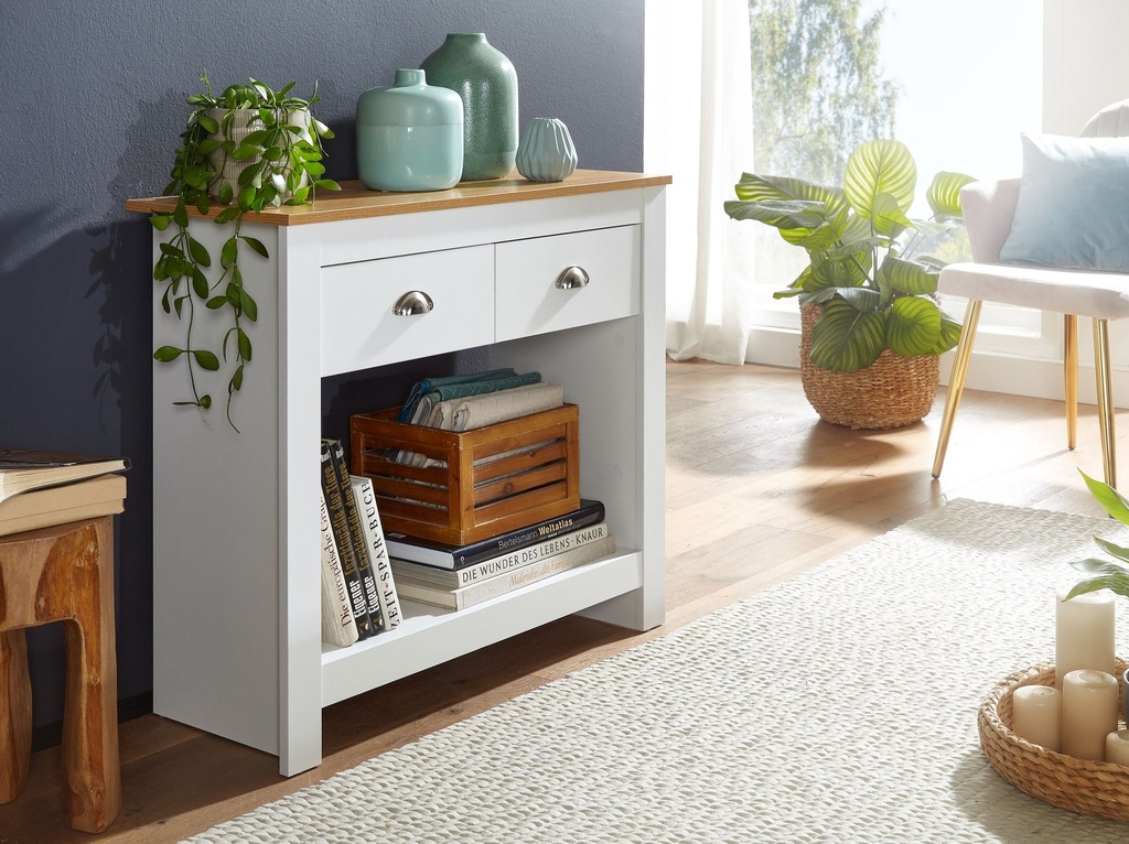 Table console 85x35x76 cm blanc / chêne buffet design moderne étroit, table de rangement de couloir avec tiroirs et espace de rangement, table de couloir haute_02