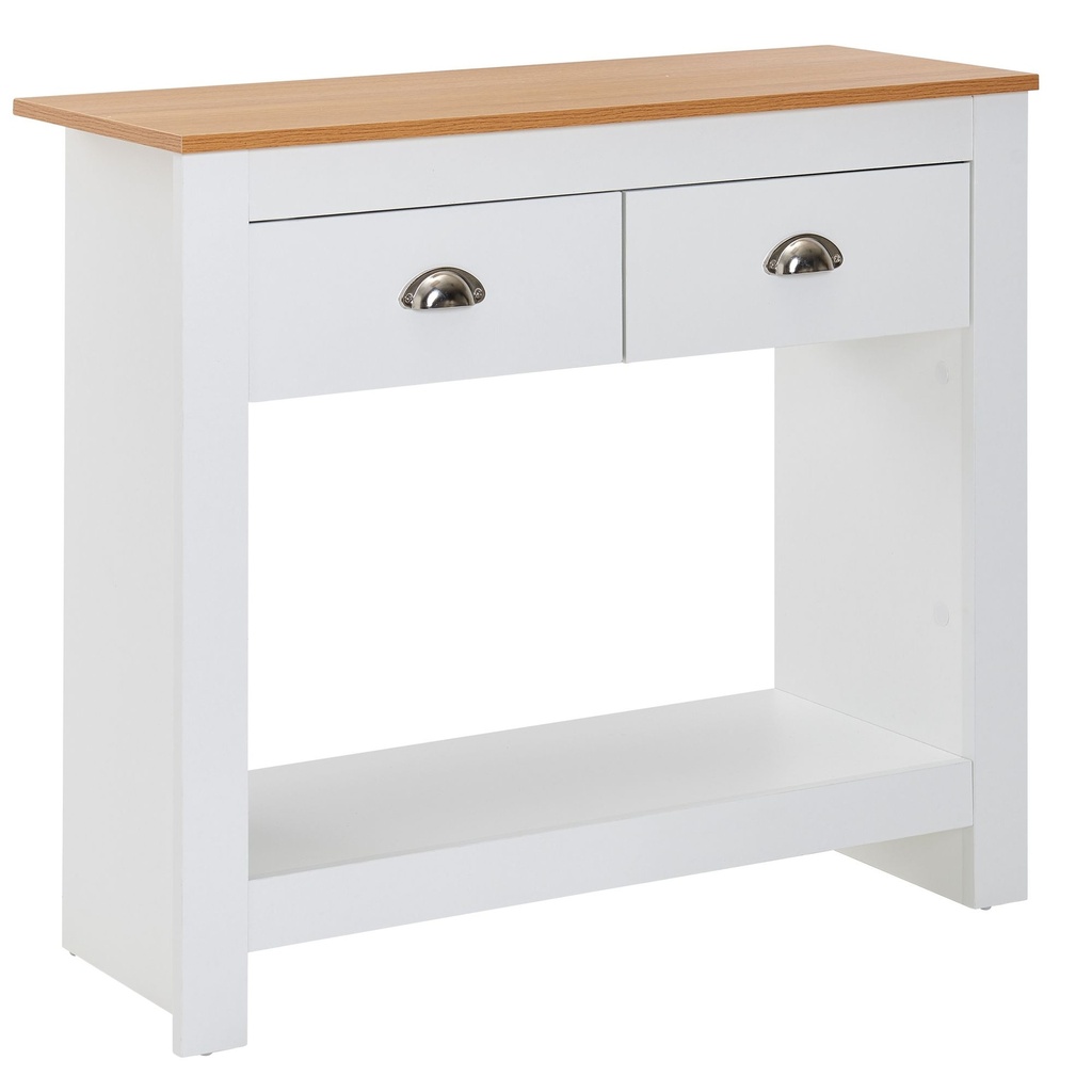 Table console 85x35x76 cm blanc / chêne buffet design moderne étroit, table de rangement de couloir avec tiroirs et espace de rangement, table de couloir haute_06