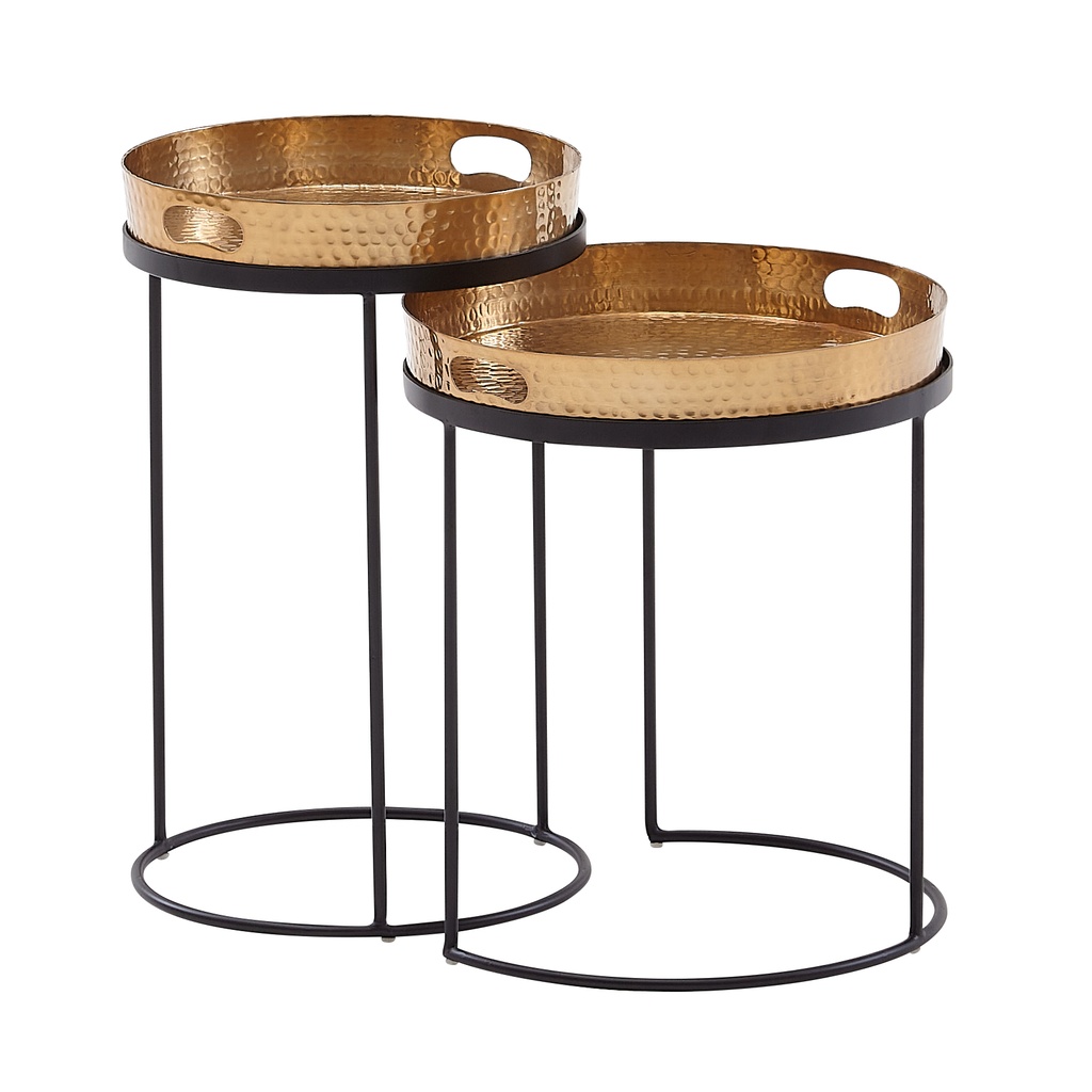 – lot de 2 tables d'appoint rondes martelées en métal doré/noir, table basse à plateau amovible_08