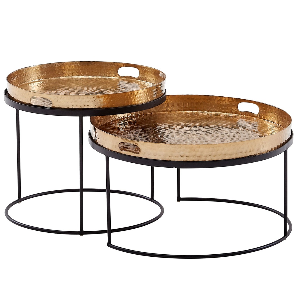 Lot de 2 tables basses rondes martelées en métal doré/noir, table de canapé avec plateau amovible, table de canapé 2 pièces moderne_07