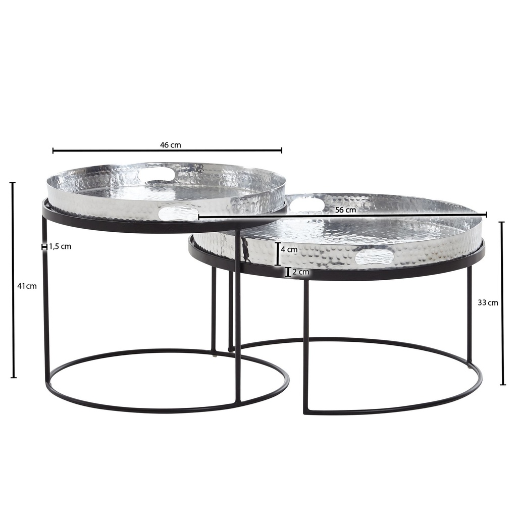 Lot de 2 tables basses rondes martelées en métal argenté/noir, table de canapé avec plateau amovible, table de canapé 2 pièces moderne_03