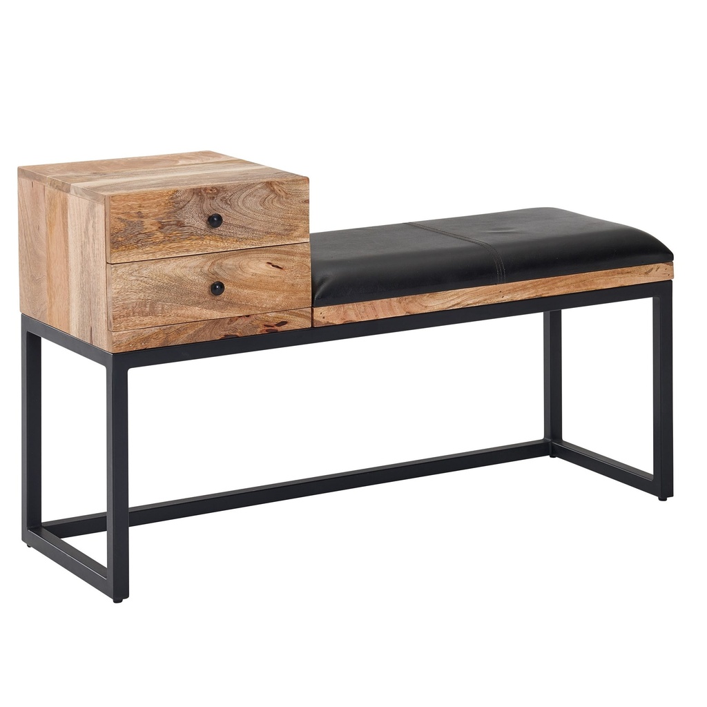 Banc en cuir de chèvre / banc en bois massif 100x60x35 cm de style rétro, banc de couloir rembourré en métal avec espace de rangement_06