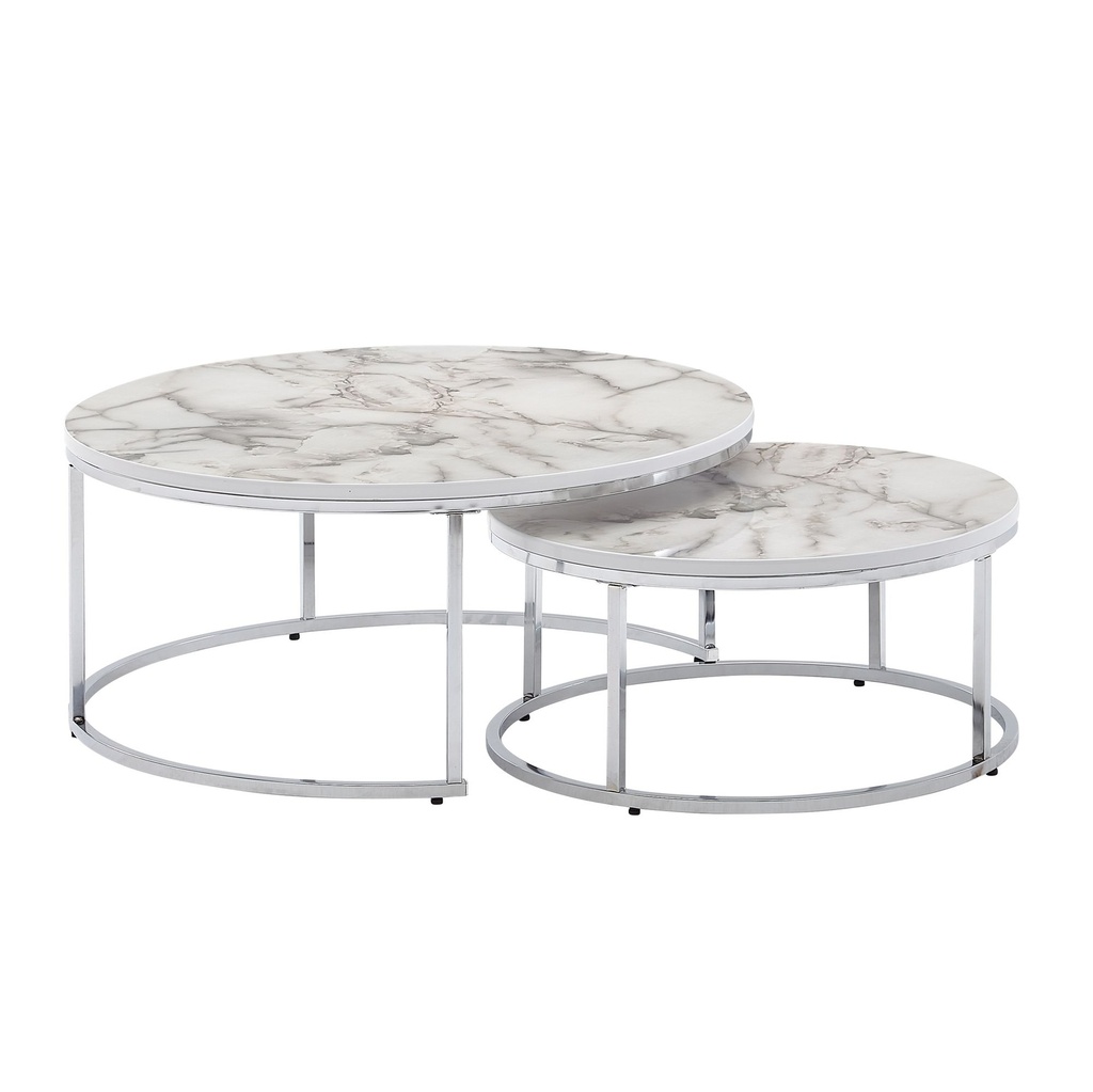 Lot de 2 tables basses rondes aspect marbre blanc argenté, table d'appoint moderne, 2 pièces en métal, tables de salon rondes WL6.509_06