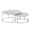 Lot de 2 tables basses rondes aspect marbre blanc argenté, table d'appoint moderne, 2 pièces en métal, tables de salon rondes WL6.509_06