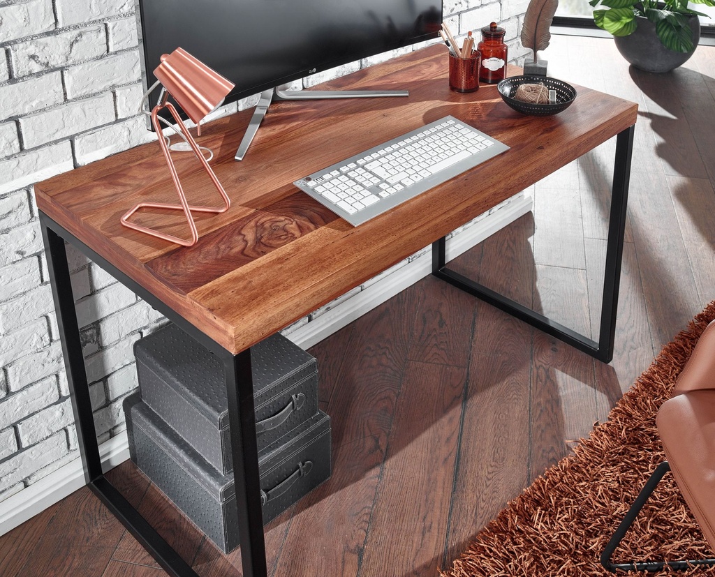 Bureau Sheesham bois massif/métal 117x59x76,5 cm table d'ordinateur, table de bureau design petite foncée, table d'étude pour ordinateur portable_04