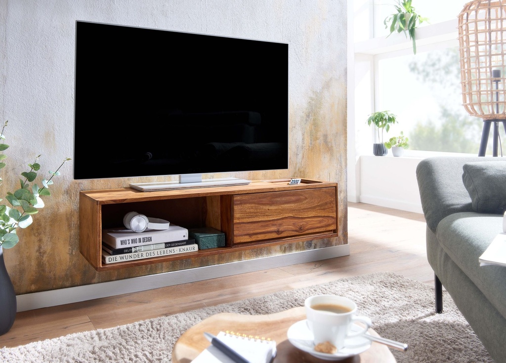 Lowboard Suspendu en Bois Massif Sheesham 108x25x34 cm Meuble TV Marron, Table TV Design avec Espace de Rangement, avec Compartiment de Rangement et Un Tiroir_02