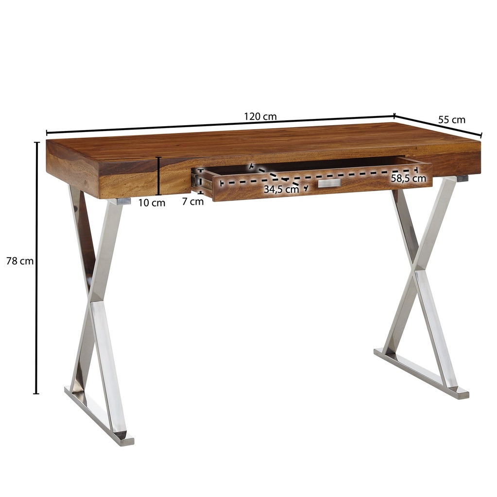 Bureau 120x55x78 cm bois massif Sheesham / métal chromé, table de bureau design avec tiroir_03