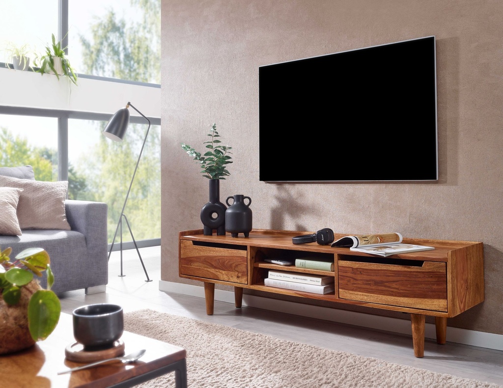 Lowboard sheesham bois massif 145x43x35 cm Commode TV avec deux portes, meuble TV design haut, table TV meuble TV moderne_02