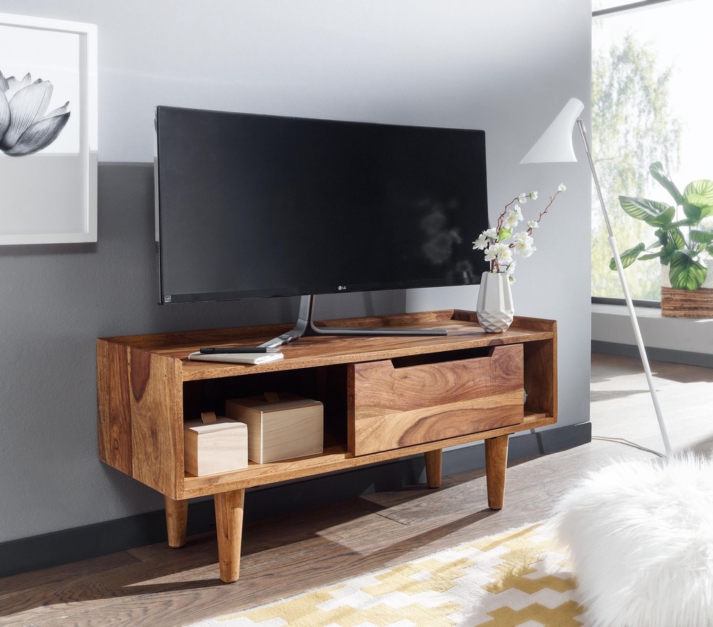 Lowboard Sheesham Bois Massif 95x44x34 cm Commode TV avec Porte Coulissante, Meuble TV Design Haut, Table TV Meuble TV Moderne_06