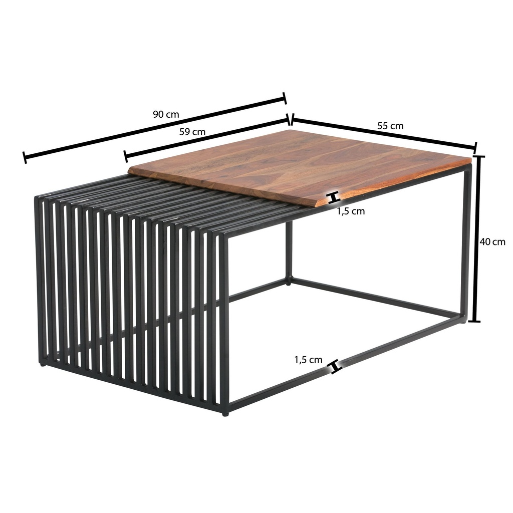 Table Basse 90x55x40 cm Bois Massif Sheesham/Métal Table de Canapé Rectangulaire, Table de Salon Design Industriel, Table Basse Massif_03