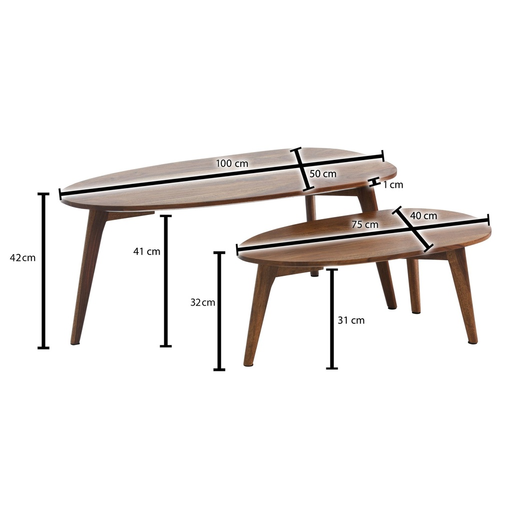 Design Table Basse Lot de 2 Tables de Salon en Bois Massif Sheesham Table gigogne Marron Table en Bois Table Basse en Forme de Rein WL6.724_03