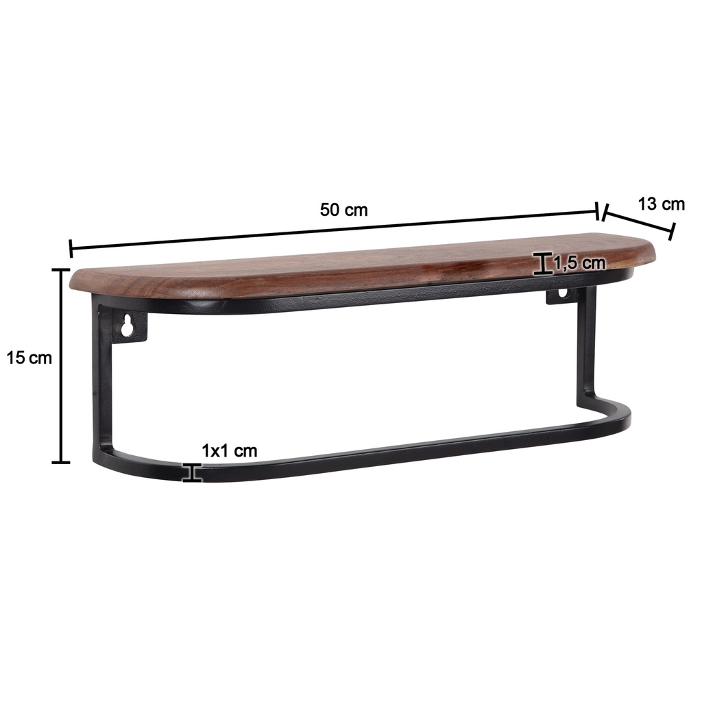 Étagère Murale 50x15x13 cm Étagère Suspendue en Bois Massif/Métal Sheesham Industriel, Rectangulaire_03
