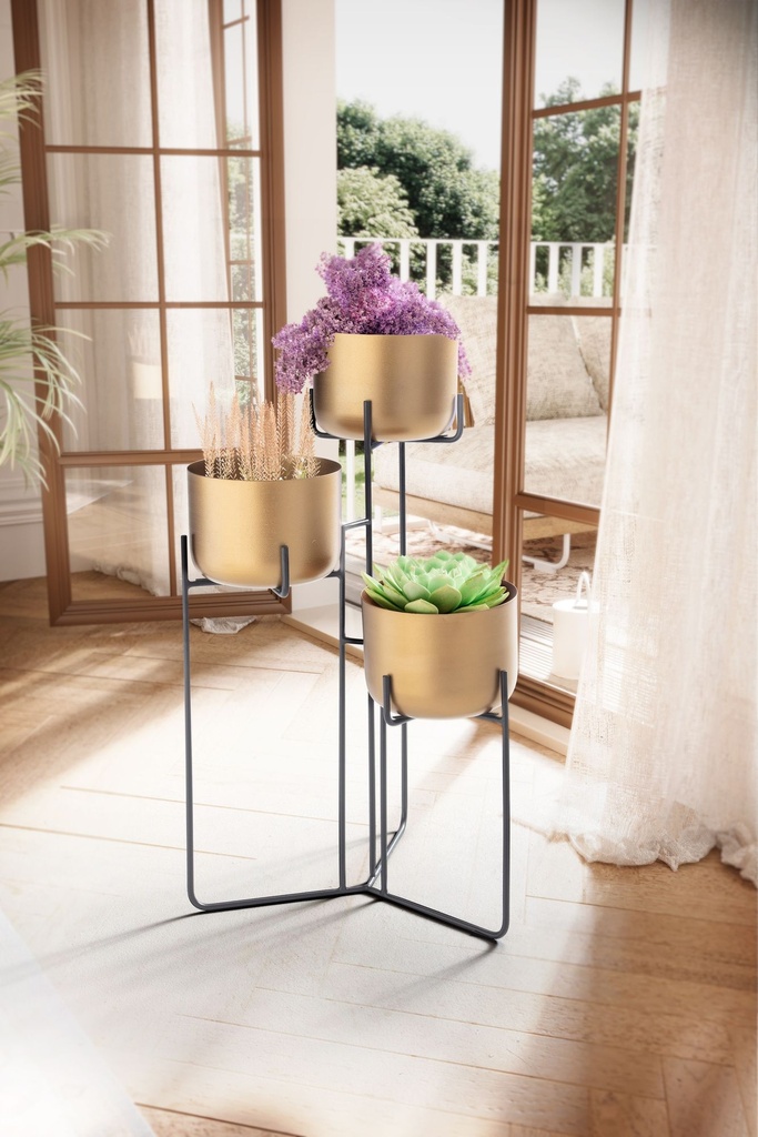 Support à Fleurs en Métal Doré/Noir 45x80x45 cm Support à Plantes, Autonome avec 3 Pots, Grand, Moderne_02