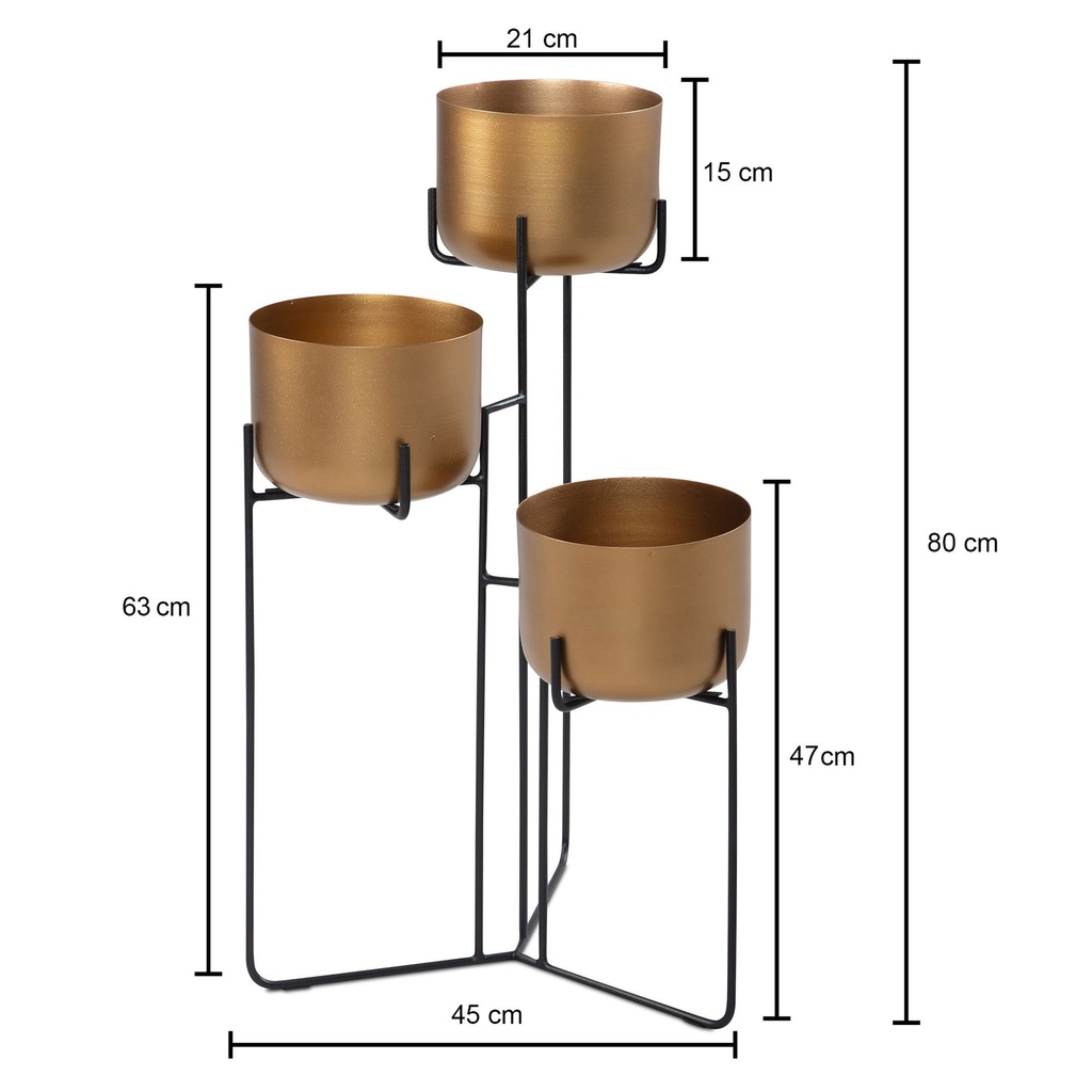 Support à Fleurs en Métal Doré/Noir 45x80x45 cm Support à Plantes, Autonome avec 3 Pots, Grand, Moderne_03