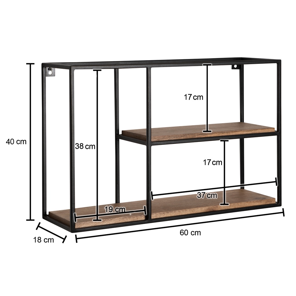 Étagère Murale 60x40x18 cm Étagère Suspendue en Bois Massif/Métal de Manguier Rectangulaire, Industriel_03