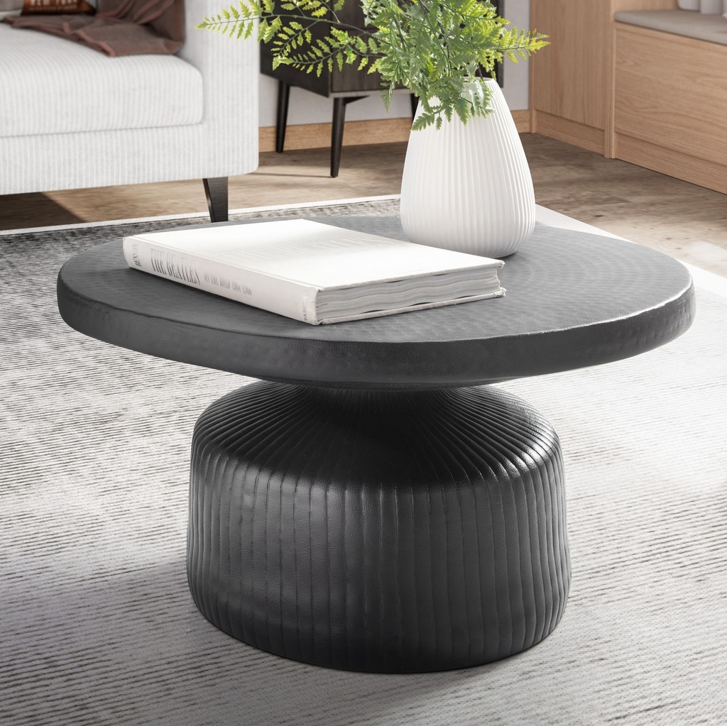 Table basse 65x65x35 cm métal noir table de canapé ronde, motif vagues martelées, aspect lattes en aluminium_01