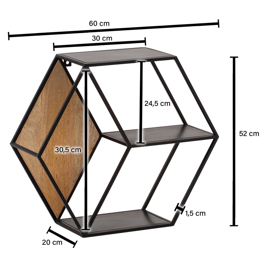 Étagère Murale 60x52x20 cm Étagère Suspendue en Bois Massif/Métal de Manguier Industriel, Étagère Flottante de Conception Hexagonale, avec 3 Étagères_03