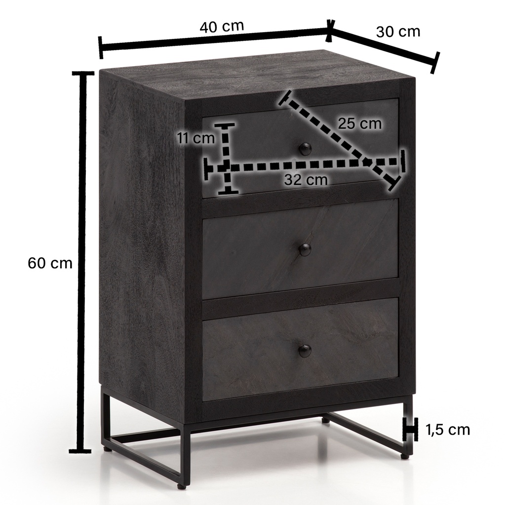 Table de chevet bois massif de manguier / aspect pierre 40x60x30 cm table de chevet lit à sommier tapissier, console de nuit design noire avec 3 tiroirs_03