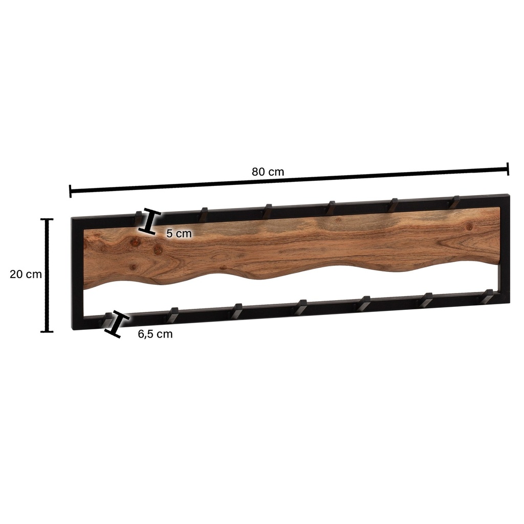 Porte-manteau mural en bois massif d'acacia / métal 80x20x8 cm, porte-manteau à crochets pour vestes, écharpes et chapeaux, porte-manteau de couloir avec motif ondulé_03