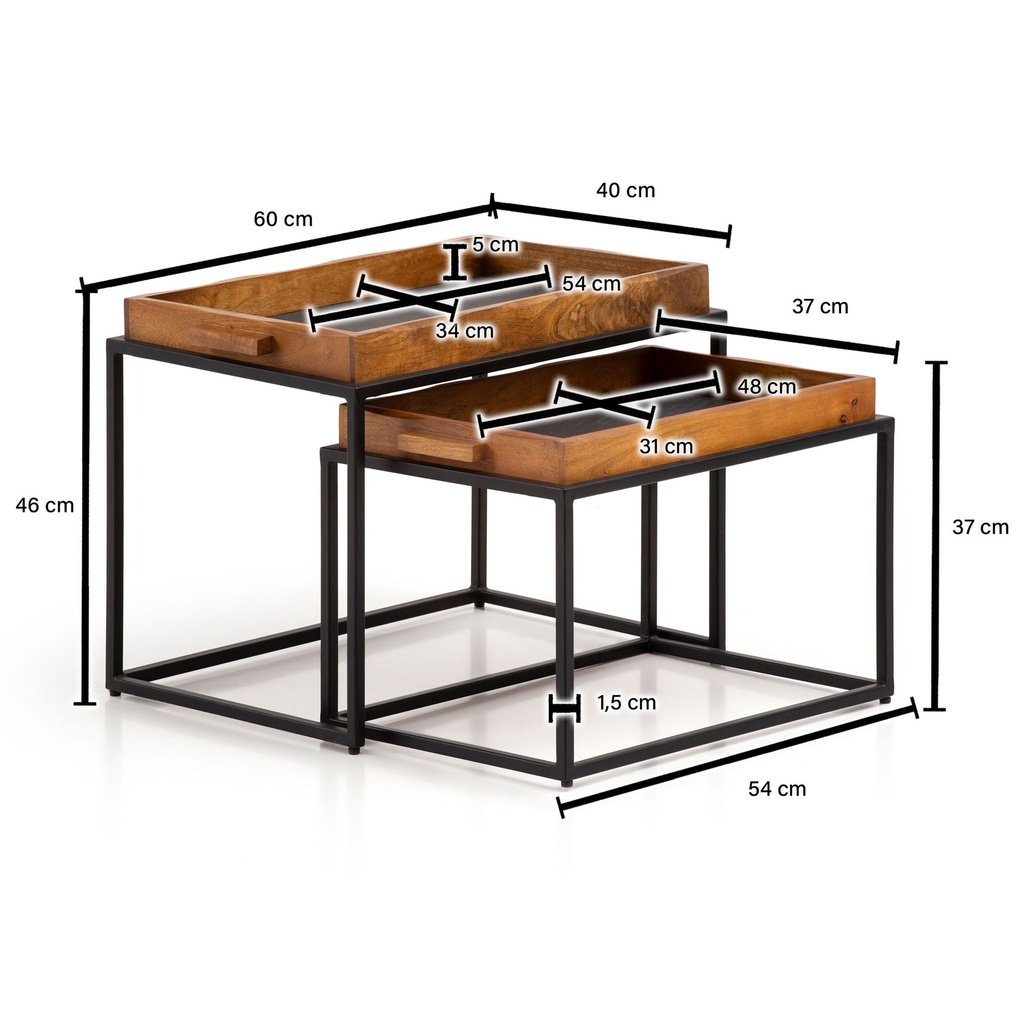 Table basse lot de 2 tables de salon en bois massif de manguier / aspect pierre plateau amovible, table gigogne avec structure en métal, marron / anthracite_03