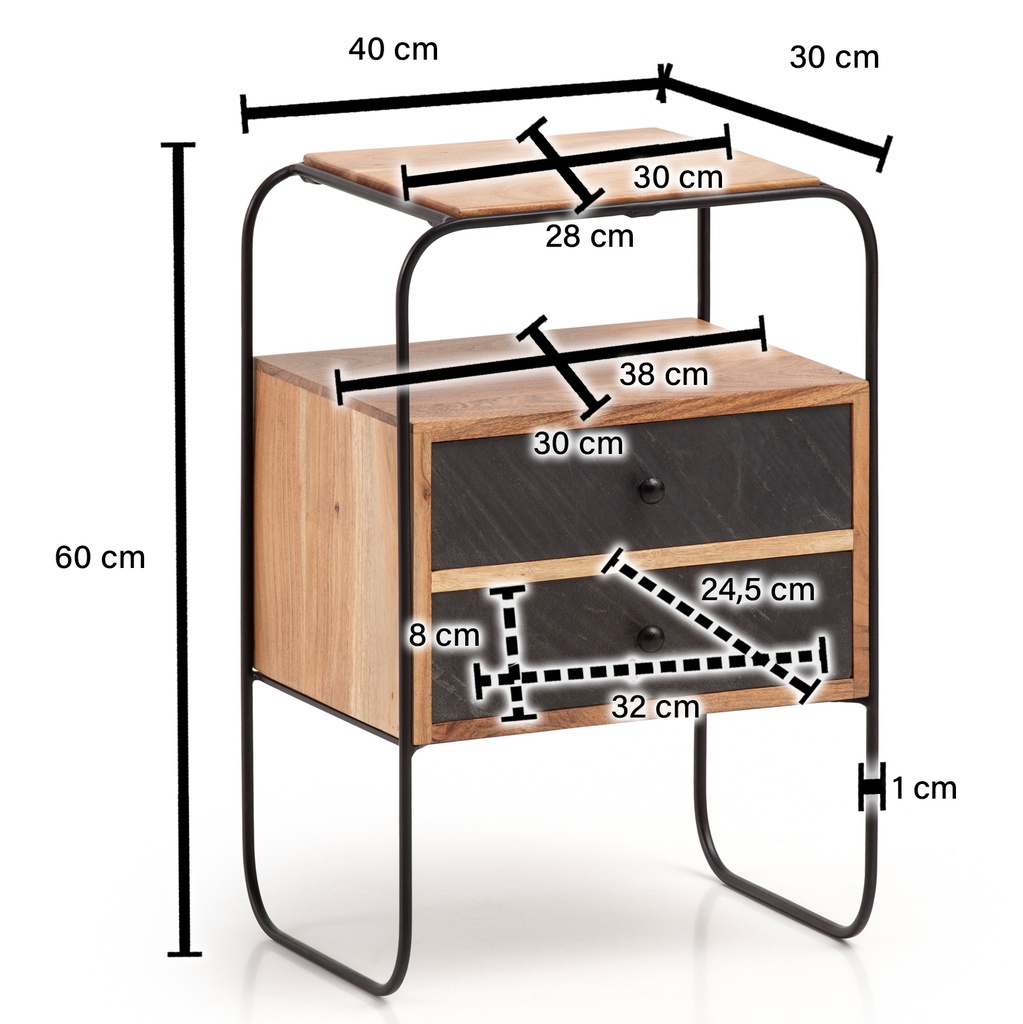 Table de chevet en bois d'acacia massif / aspect pierre 40x60x30 cm lit à sommier tapissier, console de nuit industrielle marron avec 2 tiroirs et étagère_03