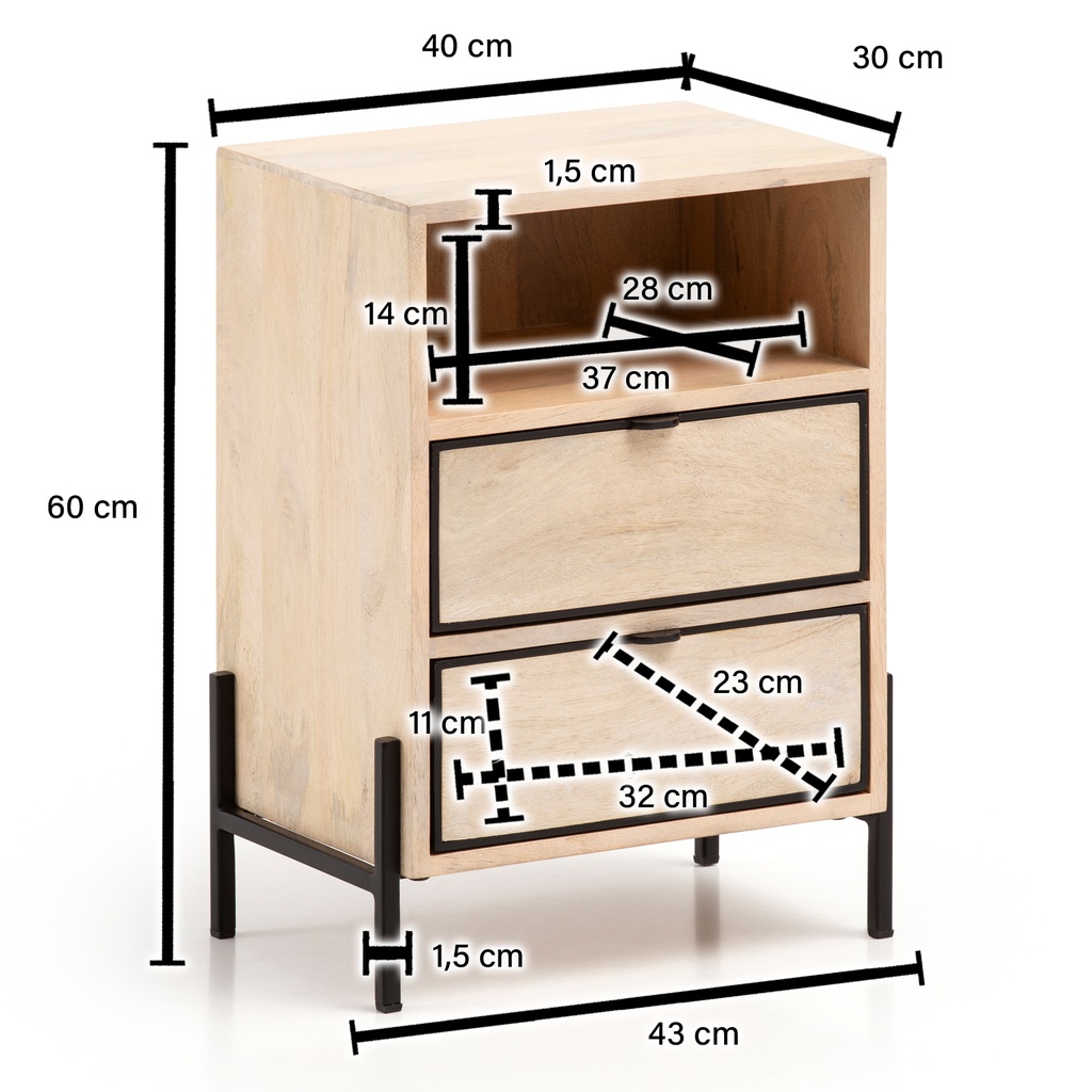 Table de chevet Mango bois massif / métal 43x60x30 cm lit à sommier tapissier, console de nuit design marron avec 2 tiroirs_03