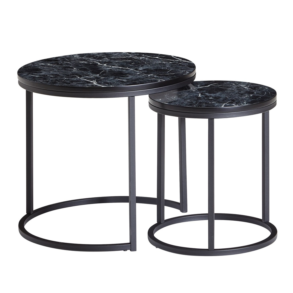 Design - Lot de 2 tables d'appoint rondes aspect marbre noir