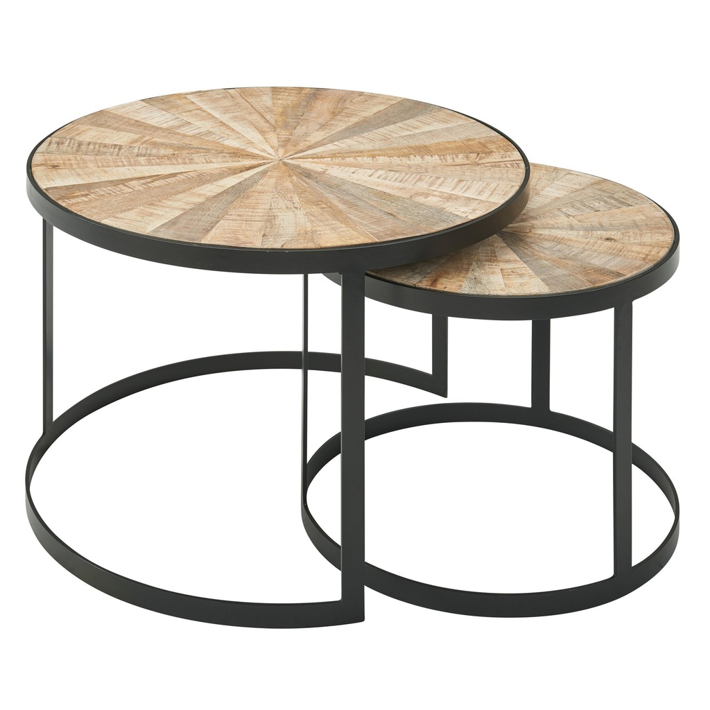 Design lot de 2 tables basses rondes en bois de manguier massif, avec pieds en métal marron
